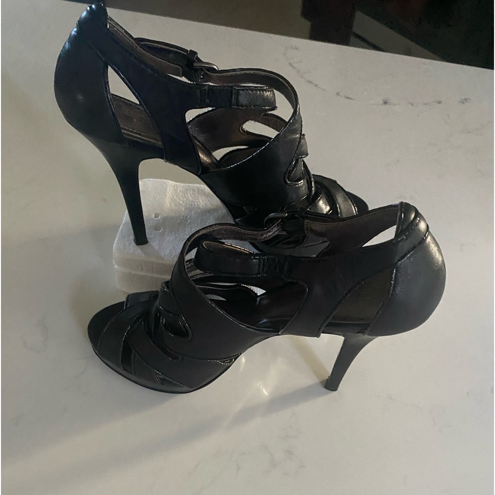 Coach Aenya Strappy Stiletto Heels Platform Black Leather Open Toe Heels 6.5B